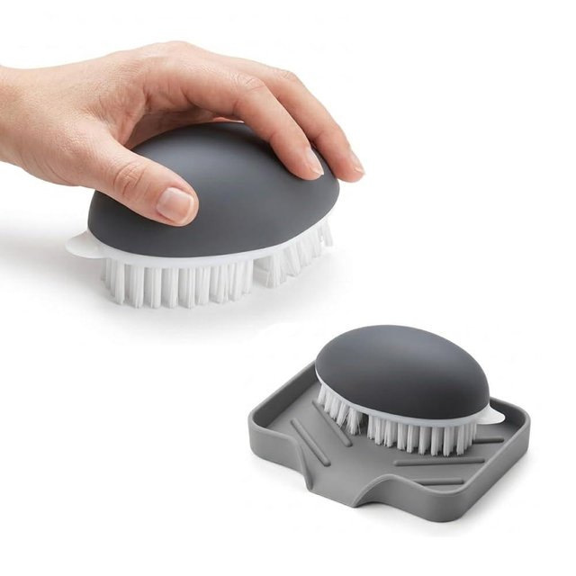 LEONBRANDS 3-Piece Vegetable Brush for Food and Silicone Sink Mat Set - Ergonomic Potato Scrubber for Deep Cleaning - Gray Kitchen Faucet Splash Guard and Veggie Brush Combo