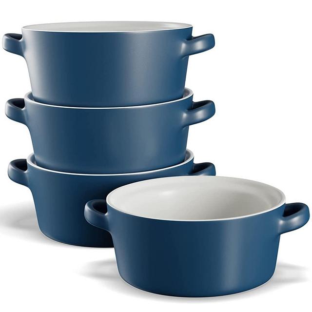 KooK Soup Crocks, Ceramic Stackable Bowls, Broil, Oven, Microwave and Dishwasher Safe, with Handles, For Casserole, Pasta, Cereal, 23.6 oz, Set of 4 (Matte Blue)