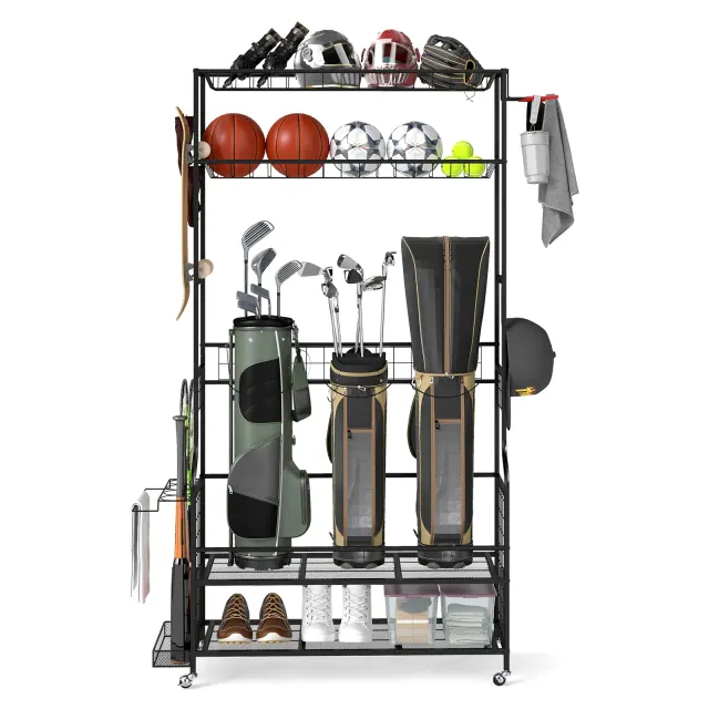 Costway Golf Bags Storage Garage Organizer,Mobile Sports Equipment Organizer with Wheels
