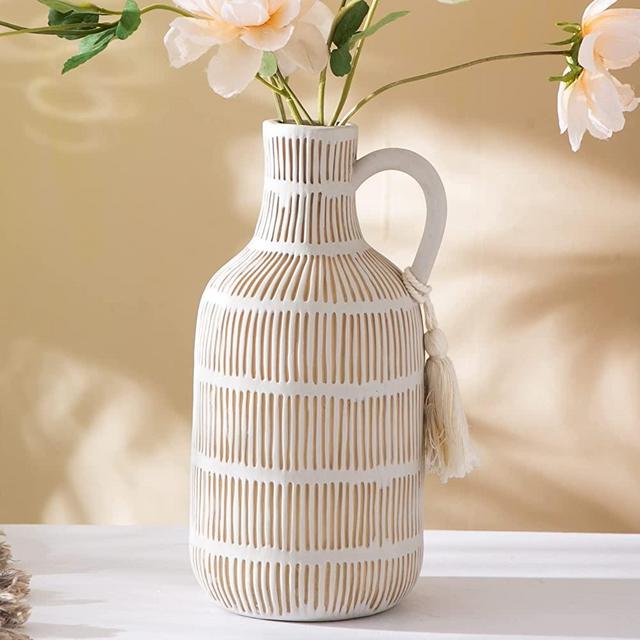 Mowtanco Farmhouse Vase with Handle and Tassel, Grey Yellow Vertical Stripes Design Clay Vase 10'' Tall - Ceramic Flower Vase for Rustic Home Decor, for Fireplace Kitchen Living Room Centerpieces