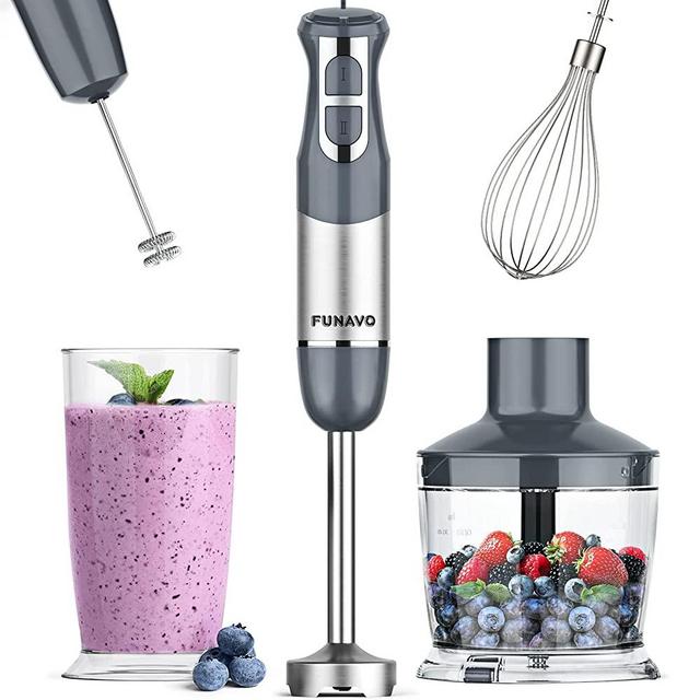 Immersion Hand Blender, FUNAVO 5-in-1 Multi-Function 12 Speed 800W Stainless Steel Handheld Stick Blender with Turbo Mode, 600ml Beaker, 500ml Chopping Bowl, Whisk, Milk Frother Attachments, BPA-Free