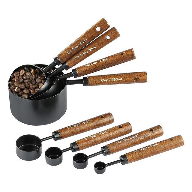 8PCS Measuring Cups and Spoons Set, DV Stainless Steel Measuring Cups with Ergonomic Wooden Handle for Cooking & Baking