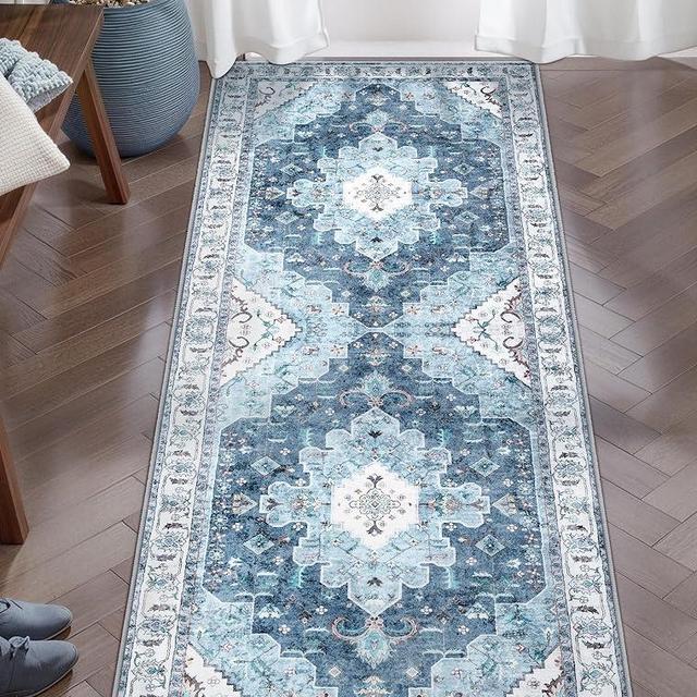 SERISSA Boho Washable Runner Rug, 2x5 Rug Runner Non-Slip Vintage Blue Hallway Kitchen Runner Rug Ultra Soft Print Distressed Floor Carpet Runner for Bedroom Bathroom Laundry Living Room