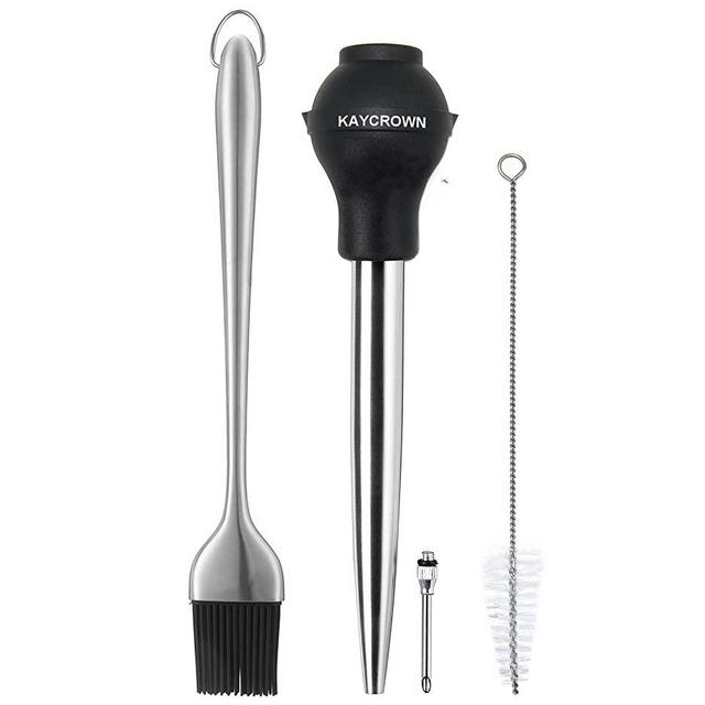 Kaycrown Stainless Steel Turkey Baster with BBQ/Grill Basting Brush, Commerical Grade Quality Silicone Bulb Including Flavor Needle and Cleaning Brush for Easy Clean Up