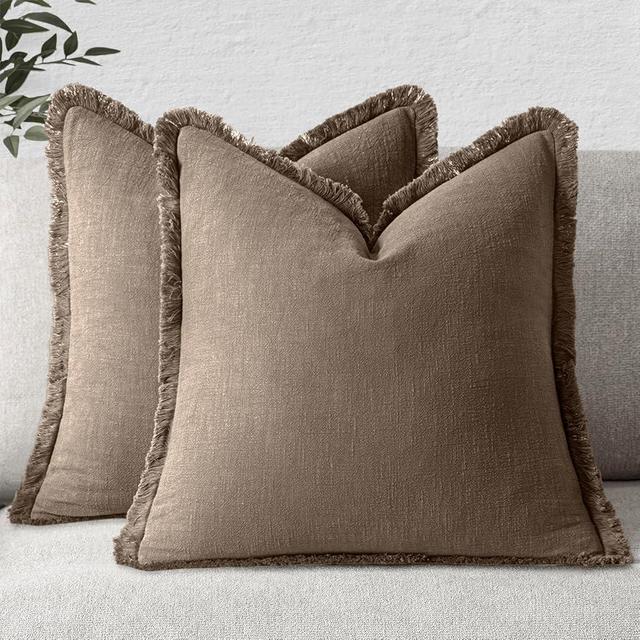 MIULEE Decorative Throw Pillow Covers Neutral Linen Fringe Throw Pillows Euro Shams Set of 2 Cocoa Brown Boho Farmhouse Cushion Covers for Couch Sofa Bed Living Room Spring Home Decor 24x24 Inch