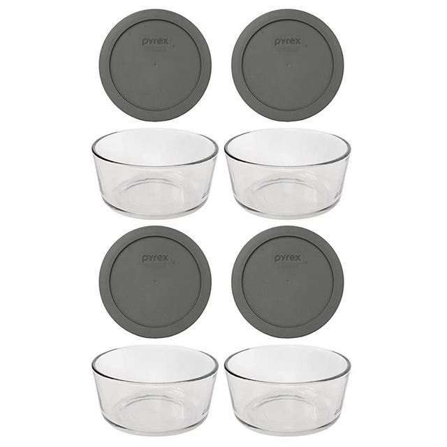 Pyrex (4) 7201 4 Cup Glass Bowls & (4) 7201-PC Puddle Gray Lids