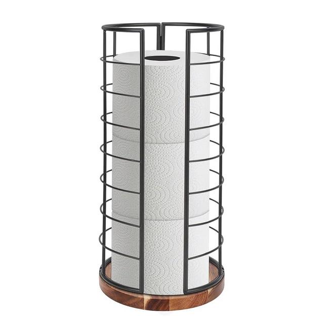 NearMoon Toilet Paper Organizer Stand, Freestanding 3 Rolls Tissue Storage, Metal Bathroom Accessory, Rustproof Toilet Roll Holder for Kitchen Countertop Inside Cabinet Shelf(Wooden Base, Matte Black)