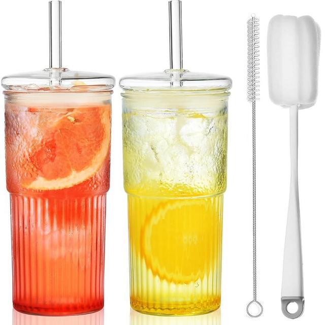 ALINK Glass Cups with Glass Lids and Straws, 22 oz High Borosilicate Clear Iced Coffee Glass Tumblers, Drinking Glass Smoothie Tea Water Cups, Pack of 2 with Cleaning Brush