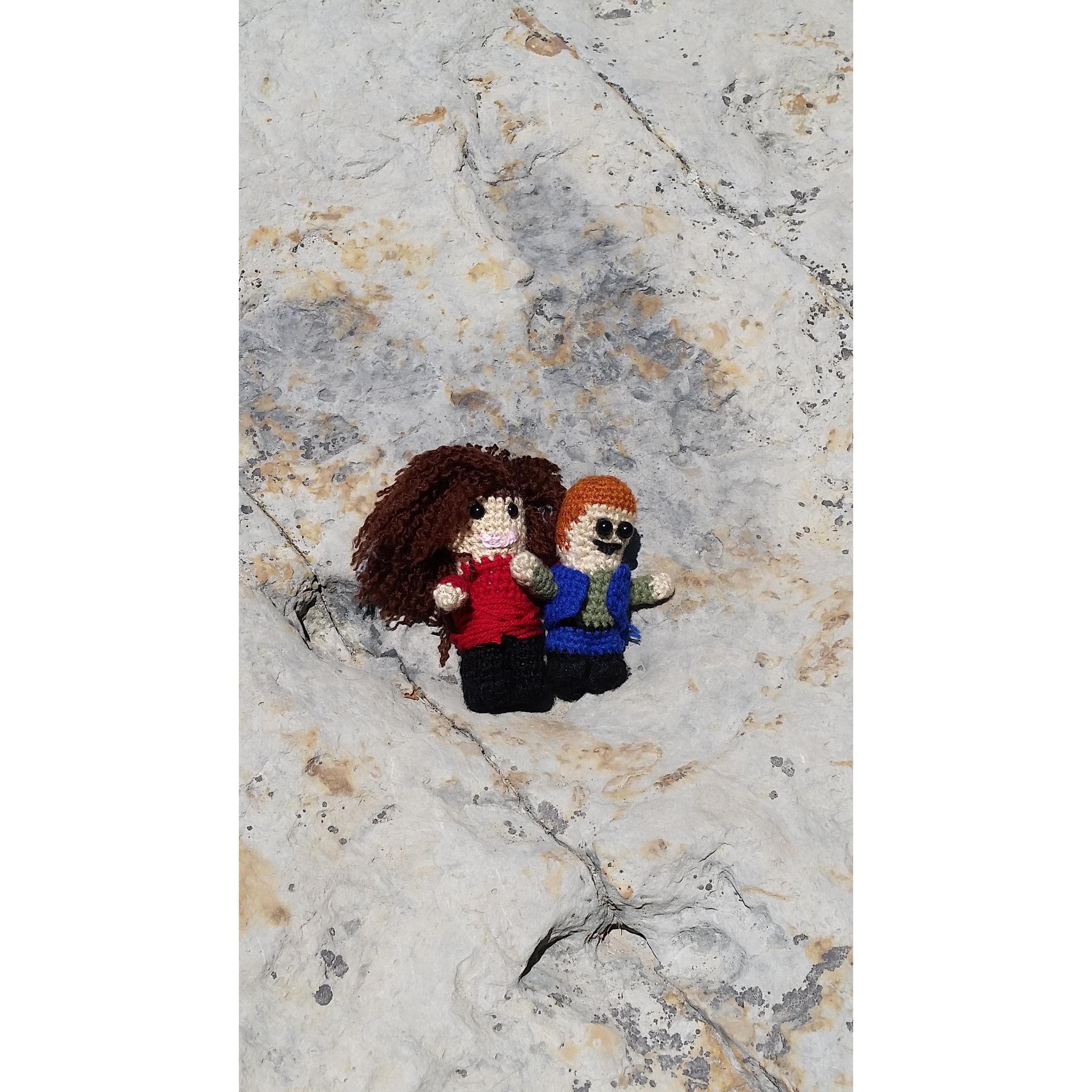 The first meeting of Tiny Eric and Mini Christina in a Dinosaur Footprint at Dinosaur Ridge in Colorado.  Aug 2016