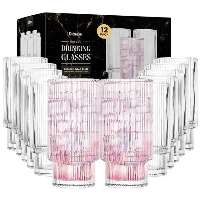 Kitchen Lux Ribbed Drinking Glasses - Ribbed Glass Cups 12 oz - Ribbed Glassware Set of 12 - Textured Vintage Retro Ripple Aesthetic Glass Ware for Whiskey Cocktail Beer Water, Coffee Bar Accessories
