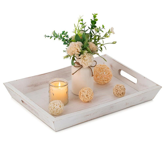 Hanobe Decorative Wooden Serving Tray: Rustic Wood Ottoman Trays for Coffee Table Rectangular Tray with Handles for Living Room Kitchen Home Decor, White