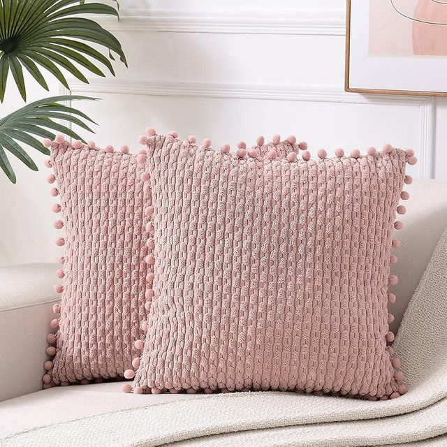 Fancy Homi 2 Packs Dusty Pink Decorative Throw Pillow Covers 20x20 Inch with Pom-poms for Couch Bed Sofa, Modern Farmhouse Boho Home Decor, Soft Cute Plush Corduroy Blush Cushion Case 50x50 CM