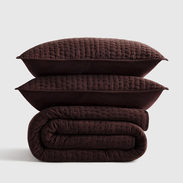 European Linen Cotton Stitch Quilt Set - Espresso, Full/Queen