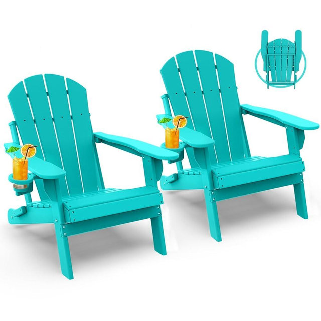GREENVINES Folding-Adirondack-Chairs-Set-of-2 | HDPE Plastic | Fire Pit Chair | All Weather | Cup Holder | Aqua | for Deck Backyard Patio Outdoor Garden