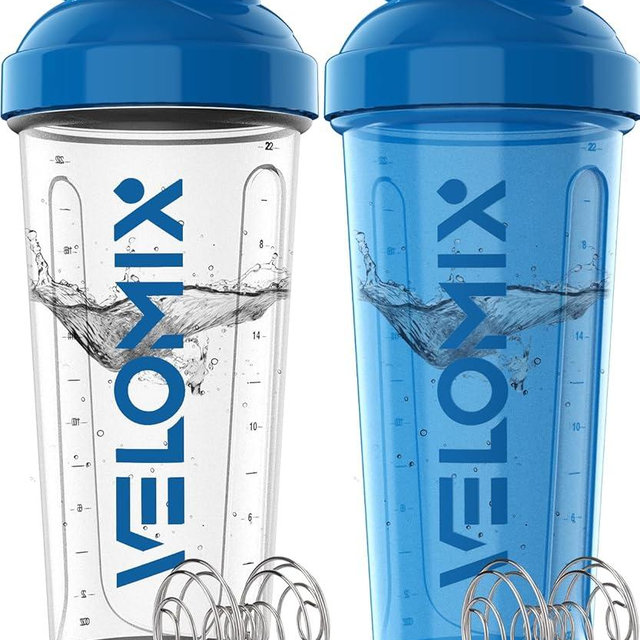 VELOMIX -2 Pack- 28 oz Protein Shaker Bottles for Protein Mixes - 2x Wire Whisk | Leak Proof Shaker Cups for Protein Shakes | Protein Shaker Bottle Pack | Shakers for Protein Shakes-Blue&Transparent