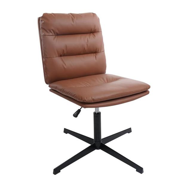 KLASIKA Armless Desk Chairs No Wheels,Cross Legged Ergonomic Office Chair Adjustable Swivel Faux Leather Thick Padded Computer Chair Wide Seat for Home Bedroom Office, Brown Set of 1