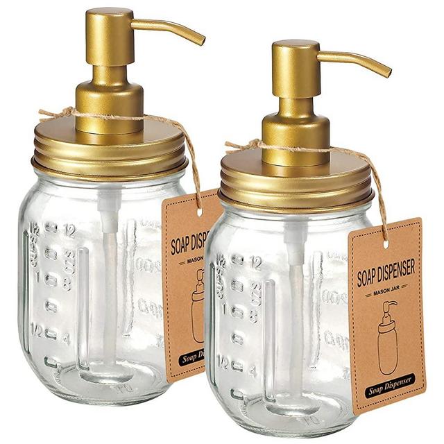 Mason Jar Liquid Soap Dispenser -Rustproof Stainless Steel Farmhouse Decor for Bathroom Vanities,Kitchen Sink/ Liquid Soap Pumps for Hand Soap,Dish Soap,Lotions/Golden -2 Pack