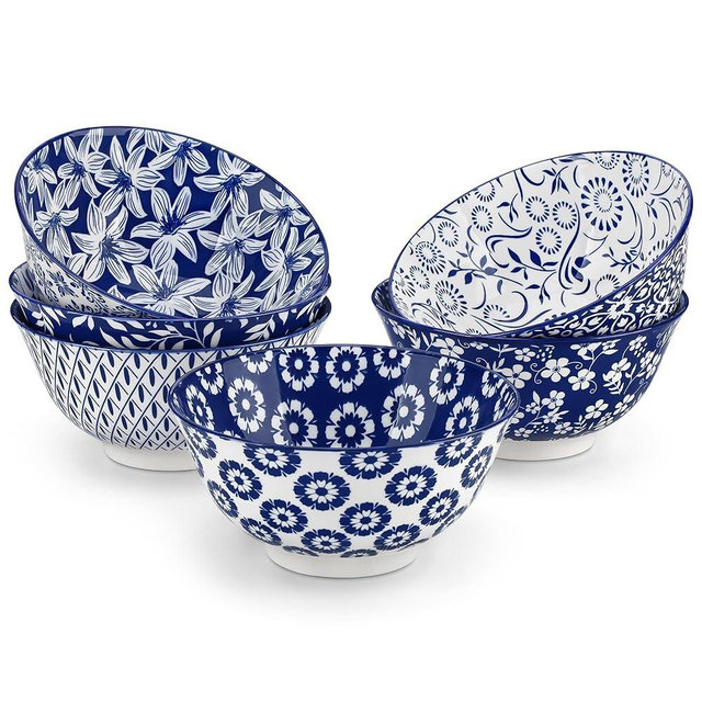 vancasso SELENE 24 oz Cereal Bowls set of 6, Ceramic Soup Bowls for Kitchen, Dishwasher & Microwave Oven Safe- for Cereal, Soup, Pasta, Salad, Blue & White Floral Design Bowl Set
