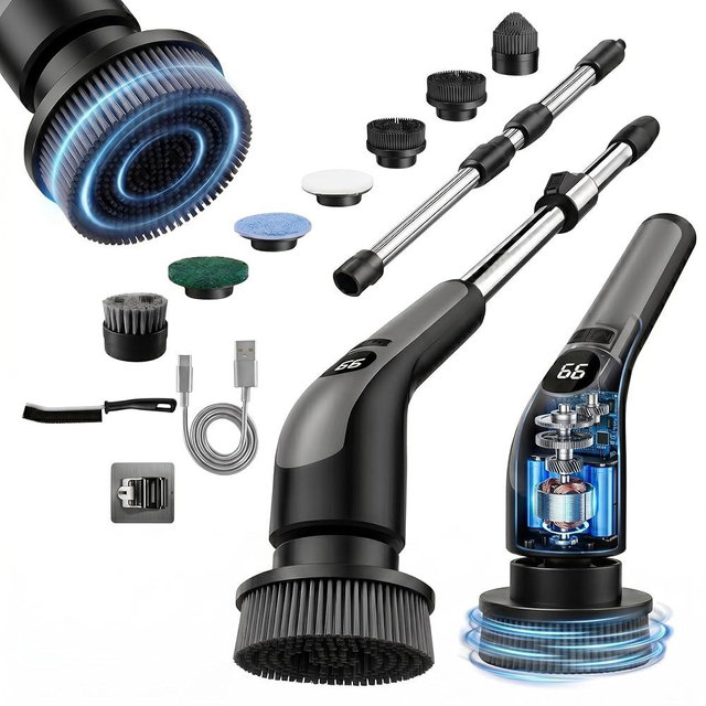 LIVINGPRO Electric Spin Scrubber with LCD Display, Cordless Clearning Scrubber for Home, Upgraded 70W High-Power Motor, IPX7 Waterproof Dual Speed Power Scrubber, 7 Brush Heads, Extendable Long Handle