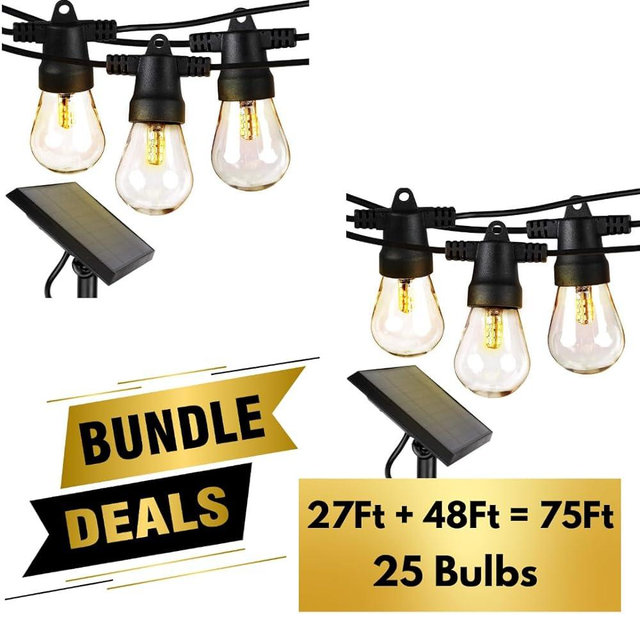 Brightech Bundled: 75Ft, 25 Bulbs Ambience Pro Solar Powered Outdoor String Lights, Commercial Grade Waterproof Patio Lights, 25 Edison Bulbs, Shatterproof LED Solar Christmas String Lights - 1W