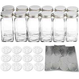 12 Square Glass Spice Bottles 4oz Spice Jars with Silver Metal Lids, Shaker Tops, and Labels by SpiceLuxe