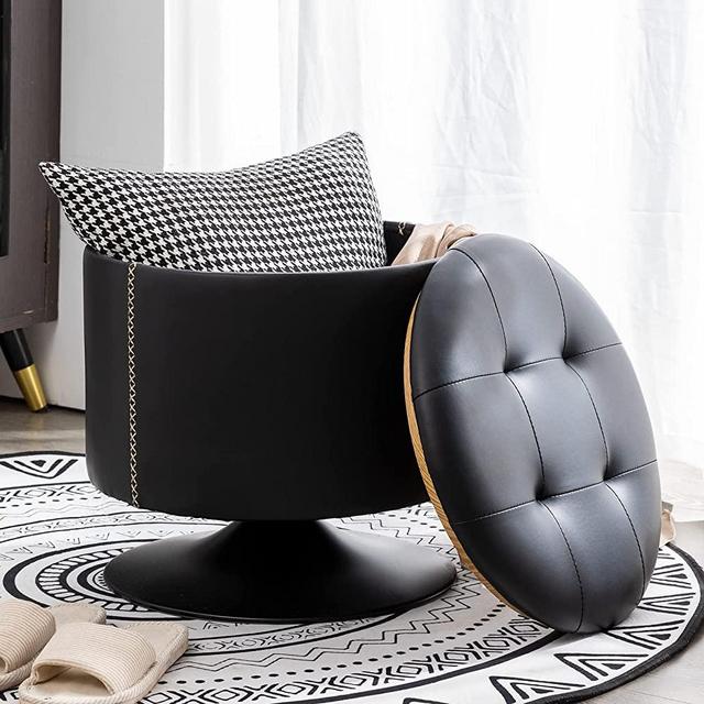 Round Storage Ottoman Swivel Foot Stool, Leather Tufted Pouf Foot Rest Ottoman with Storage, Vanity Stool with Removable Lid, Side Coffee Table Storage Footstool Chair for Living Room, Bedroom, Black