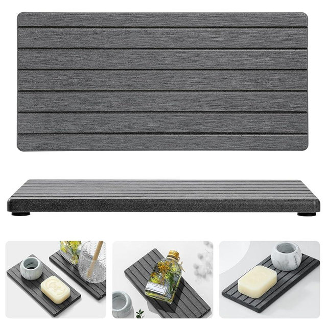 Razborci 2PCS Diatomite Quick Stone Drying Tray Mat for Bathroom & Kitchen Counter, Instant Dry Water Absorbent Drink Bar Coaster, Vanity Sink Caddy Organizer,Dish Soap Sponge Holder, Dark Gray,8"x4"