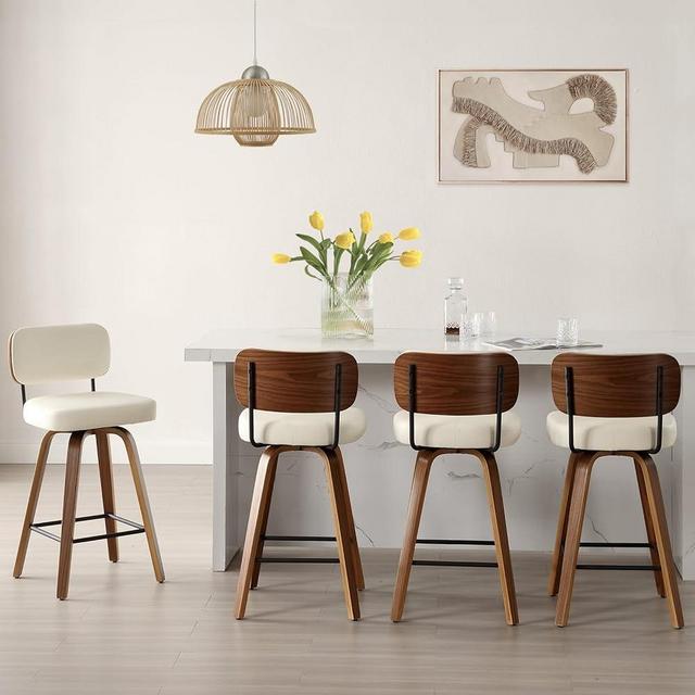 Bekrvio Swivel Bar Stools Set of 4, 29" Upholstered Faux Leather Barstools with Back and Bent Wood Legs, Mid Century Modern Bar Chair Island Stool for Kitchen Counter, Cream White