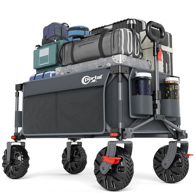 PORTAL Collapsible Wagon with Brakes, Heavy Duty Utility Cart with All-Terrain Wheels, Portable Folding Wagons for Camping, Beach, Garden, Shopping, and Groceries