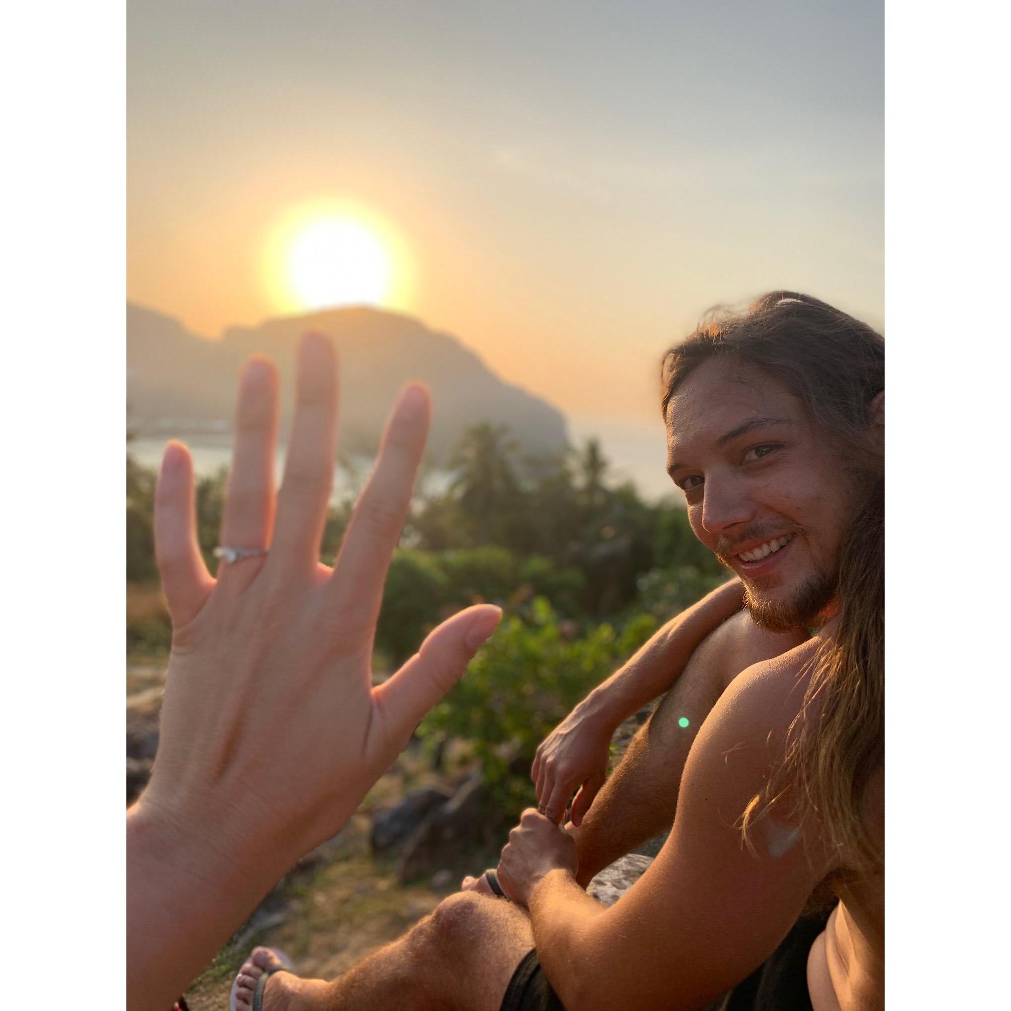 Jamie taking in the view of her two loves: her new engagement ring and her new fiance!