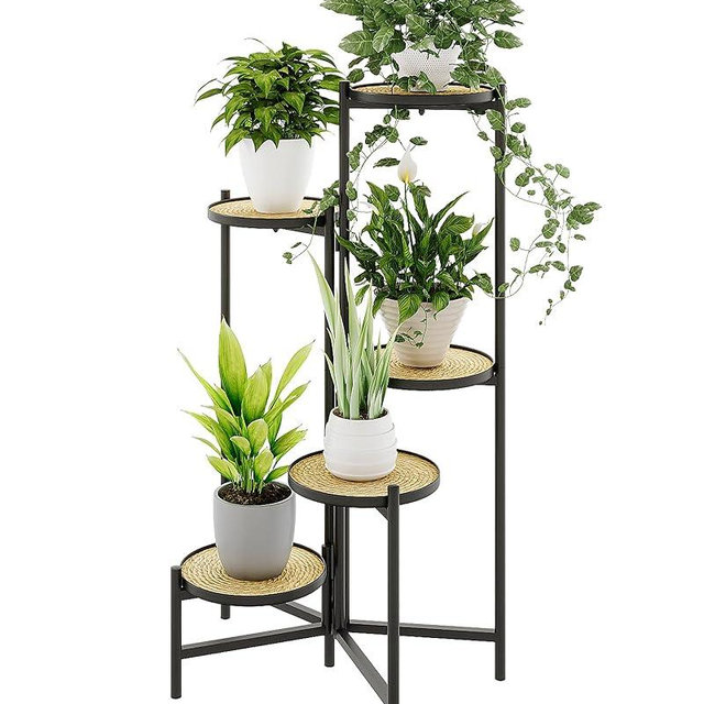 Bamworld 5 Tier Foldable Plant Stand Indoor Metal Outdoor Plant Shelf Black Rattan Flower Stand for Multiple Plants Flower Pot Holder Display Stand for Garden Balcony Living Room