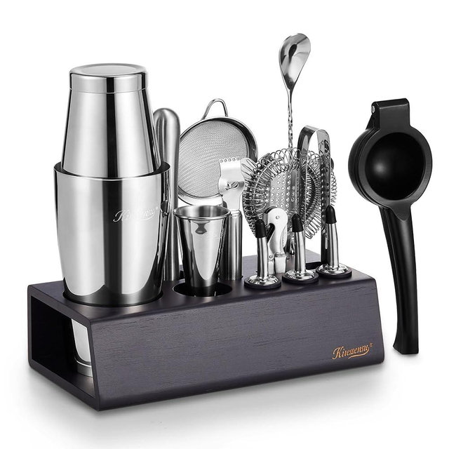 KITESSENSU Boston Shaker Set Mixology Bartender Kit | 15-Piece Cocktail Shaker Kit with Stand Professional Home Bar Tools Accessories: Martini Shaker, Lemon Squeez, Spoon, Muddler, Jigger.