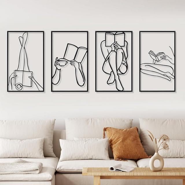Cindeer Metal Minimalist Abstract Woman Wall Art, 4 Pcs Unframed Wall Art Decor, Modern Single Line Art for Bedroom Kitchen Bathroom Living Room (Black, Bright)