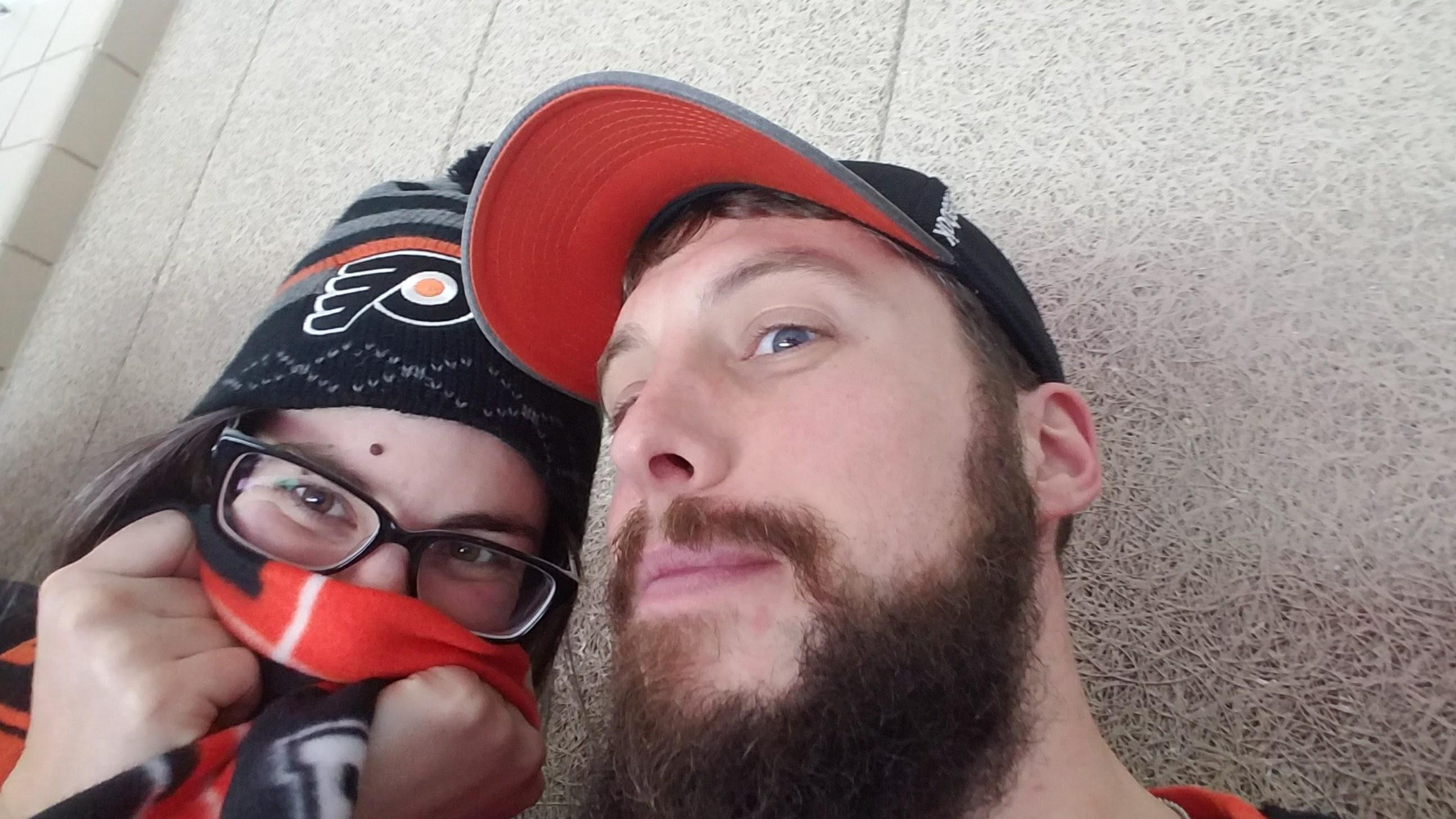 Dani bought Flyers tickets for Andrew's birthday! And the Flyers pulled out a win! They are both huge Flyers fans and were super excited to find this out about each other!!!