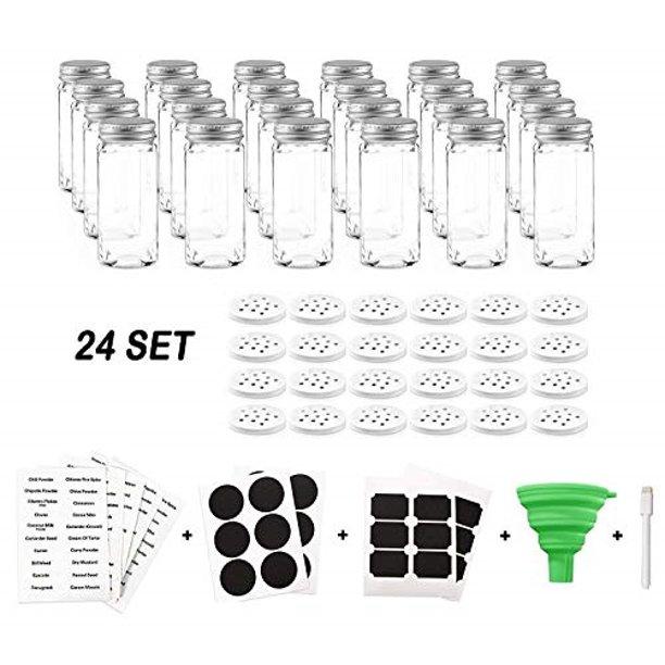 Nellam French Square Glass Spice Jars â€“ Set of 24 with Shaker Lids and Chalkboard Sticker Labels, Small 4oz Bottles - Stackable Herbs and Spices Containers - Decorative Organizers in Silver