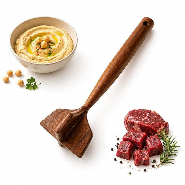 Wooden Ground Beef Masher – Heavy Duty Meat Chopper for Ground Beef, Non-Scratch Hamburger Masher for Nonstick Cookware, Kitchen Meat Tool for Beef, Turkey, Sausage