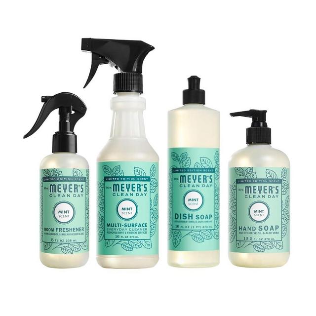 Mrs. Meyer's Mint Variety Pack Includes 1 Room Freshener, 8 OZ, 1 Mrs. Meyer's Liquid Dish Soap, 16 OZ, 1 Liquid Hand Soap,12.5 OZ, 1 Multi-Surface Cleaner 16 OZ, 1 CT (Mint)