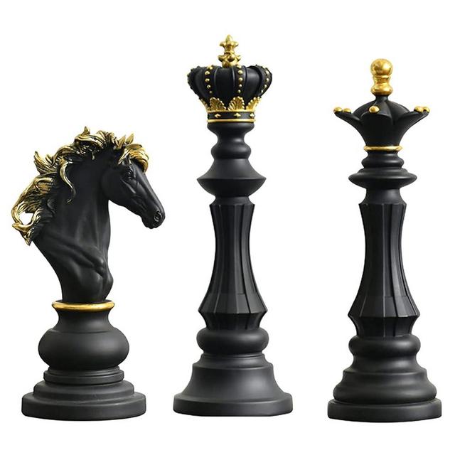 通用 3 Pack Chess Statue Ornaments King Queen Knight Sculpture Resin Craft Decoration for Home Office Desk Table Wine Cabinet Arrangement Gift (Black)