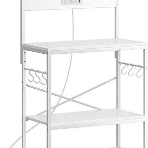 SUPERJARE Bakers Rack with Power Outlets, Microwave Stand, 31.5 X 16.5 Inch Larger Desktop, Kitchen Storage Rack with Adjustable Middle Shelf, 6 S-Shaped Hooks, Coffee Bar Stand, White