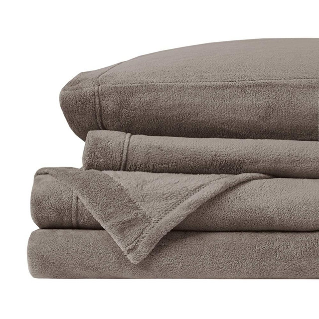 True North by Sleep Philosophy Soloft Plush Bed Sheet Set, Wrinkle Resistant, Warm, Soft Fleece Sheets with 14" Deep Pocket Cold Season Cozy Bedding-Set, Matching Pillow Case, King, Brown, 4 Piece