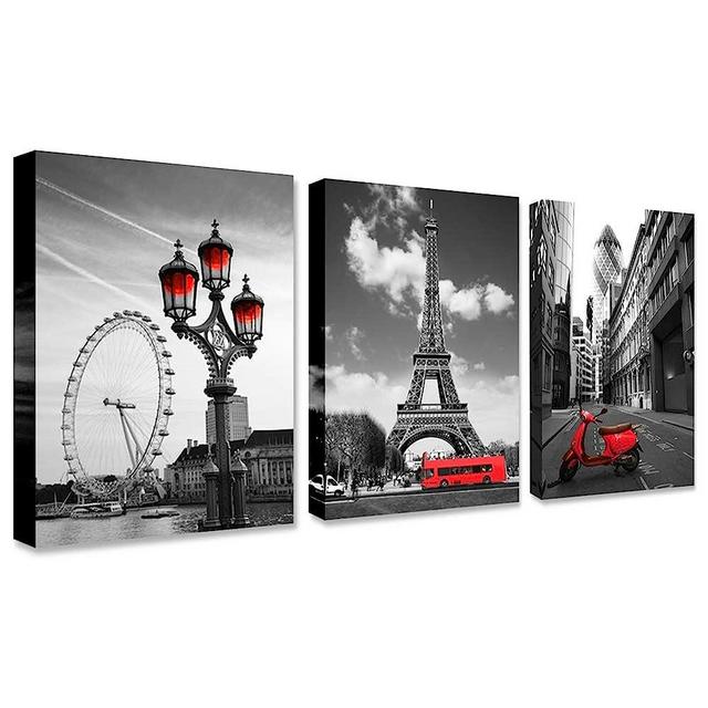 Black and white red city landscape- Paris Eiffel Tower Wall Art Decor Canvas Print red motorcycle street view and ferris wheel Painting Modern Home Decoration 12"x16" x3 Panels Romantic Artwork