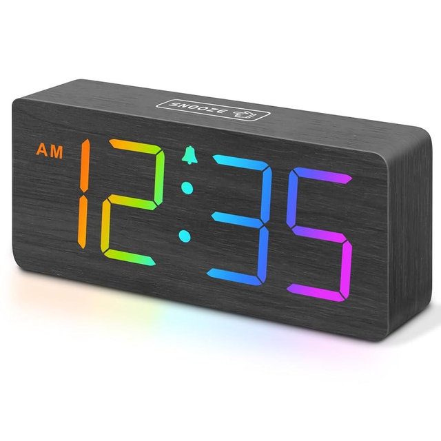 DreamSky Super Loud Alarm Clock for Heavy Sleepers Adults - RGB Wooden Digital Alarm Clock for Bedroom Desk, Living Room, Office, Large Numbers with Brightness Dimmer, Volume Control, Wood Decor