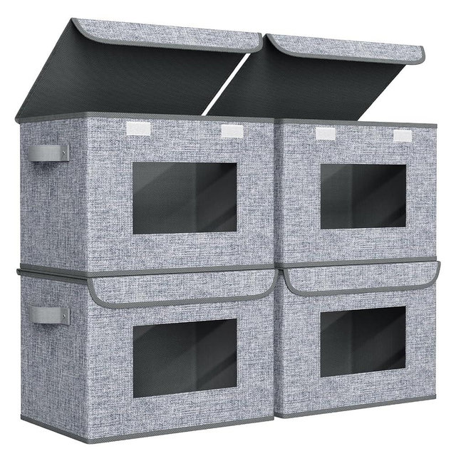 Univivi Fabric Foldable Storage Boxes [4-Pack] Large Collapsible Stackable Storage Bins with Lids, Closet Organizers and Storage Cube Basket for Home, Office, Bedroom (Grey, 17'' x 12'' x 12")