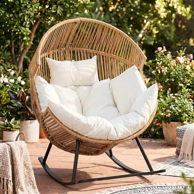 JAMFLY Egg Chair Rocking Chairs, Wicker Patio Chair Oversized Lounger Chair with Cushion for Indoor Living Room Bedroom Outdoor Patio Backyard Balcony Garden, Creamy White