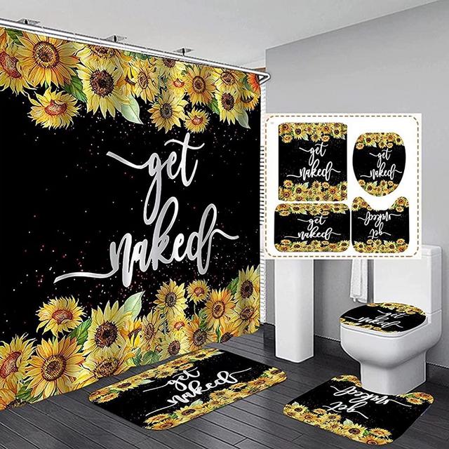 4Pcs Get Naked Sunflower Shower Curtain Sets Floral Black Bathroom Set Decor with Non-Slip Rugs Bath U-Shaped Mat Toilet Lid Cover Country Flower Bathroom Curtains Shower Set with 12 Hooks, 70.8×70.8
