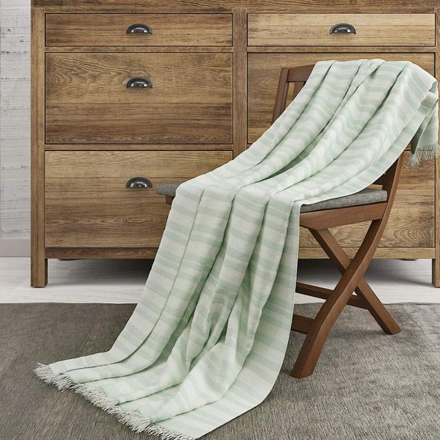 The Wish Tree Co. 50x60 Mint Luxury Knitted Cotton Stripe Throw Blanket with Fringe-, Super Soft, Warm, Lightweight (500 Grams) & Large for Bed, Chair, Couch, Sofa, Camping, Beach Or Travel
