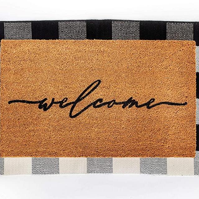 Layered Outdoor Welcome Mat Set - Coconut Coir (18-inch x 30-inch) and Woven Doormat (24-inch x 35-inch) Combo Inside or Outside Pet Friendly Rug for Entry Porch, Deck, Patio, or Mudroom (Black Check)