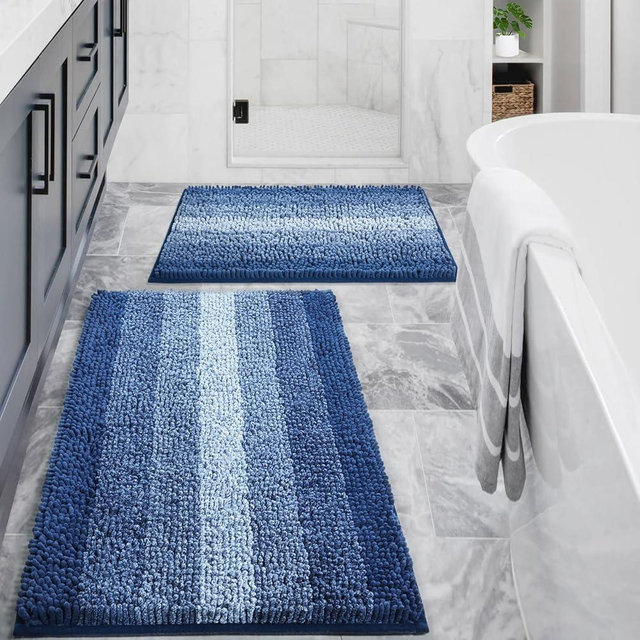 Gibelle Blue Bathroom Rug Set 2 Piece, Chenille Non Slip Bath Mat Set, Absorbent Shower Rug and Bath Room Floor Mats, Quick Dry Bathmat Bathroom Decor Accessories for Tub, 16" x 24", 20" x 32"
