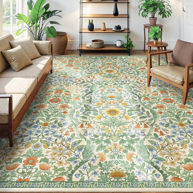 9x12 Grass Green Vintage Floral Area Rug,Washable Large Boho Living Room Rugs,Botanical Print Non-Slip Stain Resistant Lightweight Carpet for Bedroom Dining Room Nursery