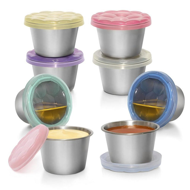 WANHMIF 8Pack 2.4oz Salad Dressing Container To Go, Reusable Stainless Steel Sauce containers with See-Through Pure Silicone lids, Leakproof Small Condiment Cups for Lunch Boxes, Picnic and Meal Prep